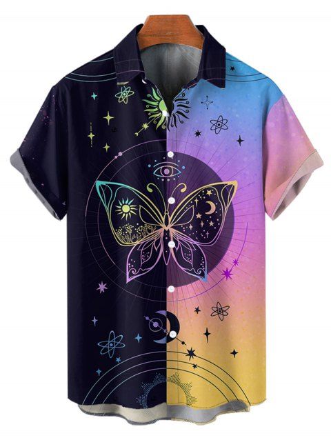 Chemise Décontractée Géométriquee Boutonnée Motif de Papillon en Couleur Contrastée à Manches Roulées