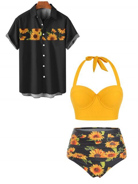 Beach Couple Outfit Tummy Control Sunflower Print Ruched Halter Underwire Swimwear and Roll Up Sleeve Shirt Matching Outfit