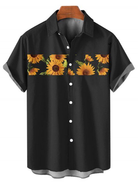 Chemise Décontractée Motif de Tournesol à Manches Roulées pour Homme