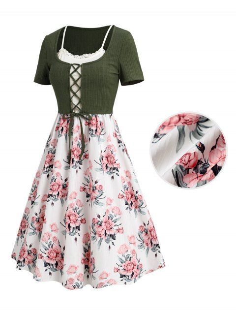 Robe de Vacances Courte en Dentelle Insérée Motif Fleuri à Taille Haute en Blocs de Couleurs à Lacets 2 Pièces