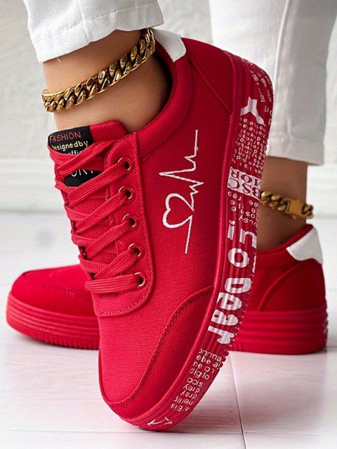 Heart Signal Letter Pattern Lace Up Flat Running Outdoor Shoes