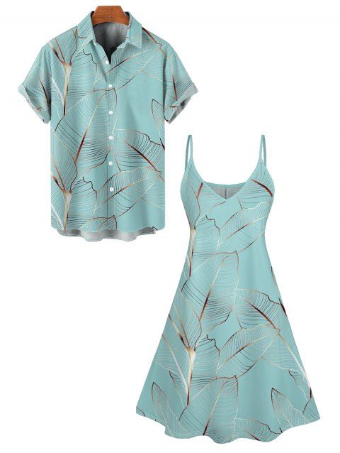 Vacation Couple Outfit Tropical Leaf Pattern Spaghetti Strap A Line Mini Tank Dress and Roll Up Sleeve Shirt Matching Outfit