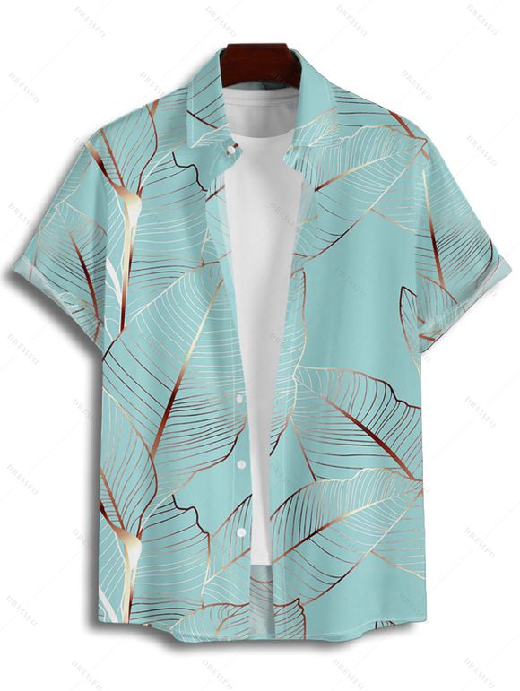 Chemise de Vacances Décontractée Motif de Feuille Tropicale Boutonnée à Manches Roulées pour Homme - Vert clair 3XL