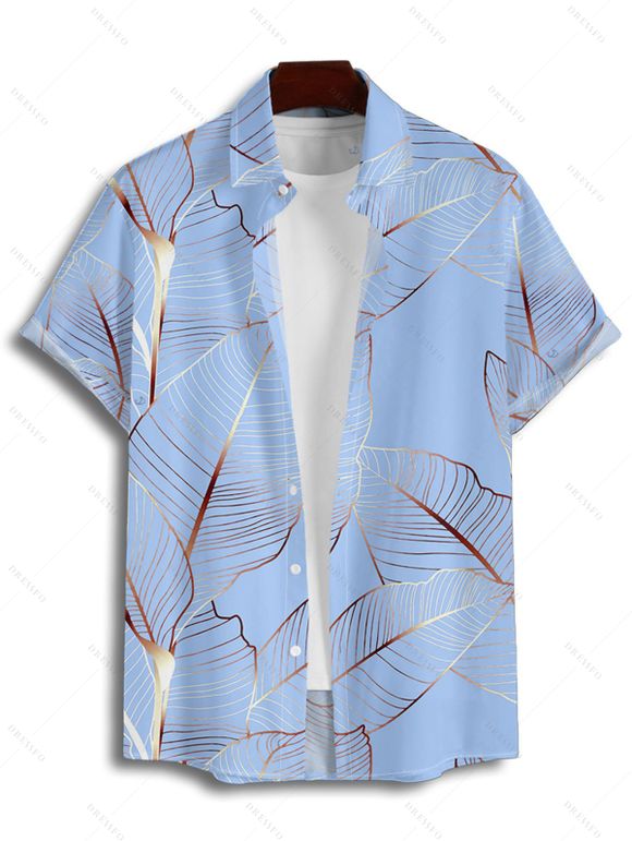 Chemise de Vacances Décontractée Motif de Feuille Tropicale Boutonnée à Manches Roulées pour Homme - Bleu clair XL