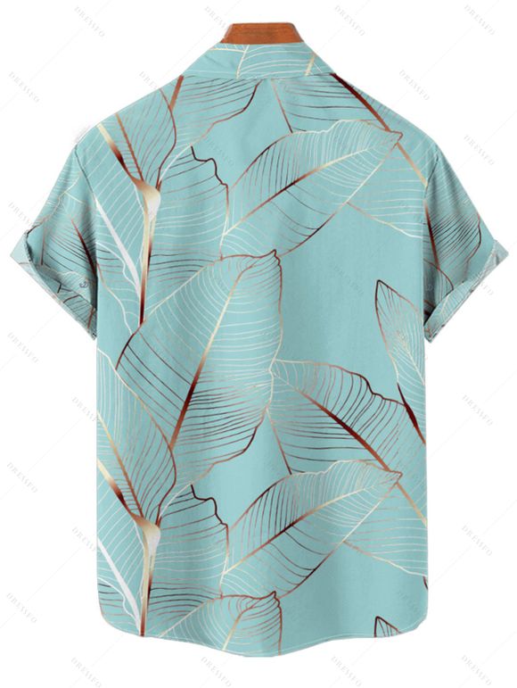 Chemise de Vacances Décontractée Motif de Feuille Tropicale Boutonnée à Manches Roulées pour Homme - Vert clair 3XL