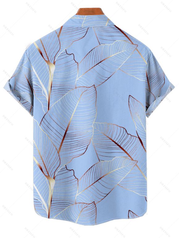 Chemise de Vacances Décontractée Motif de Feuille Tropicale Boutonnée à Manches Roulées pour Homme - Bleu clair XL