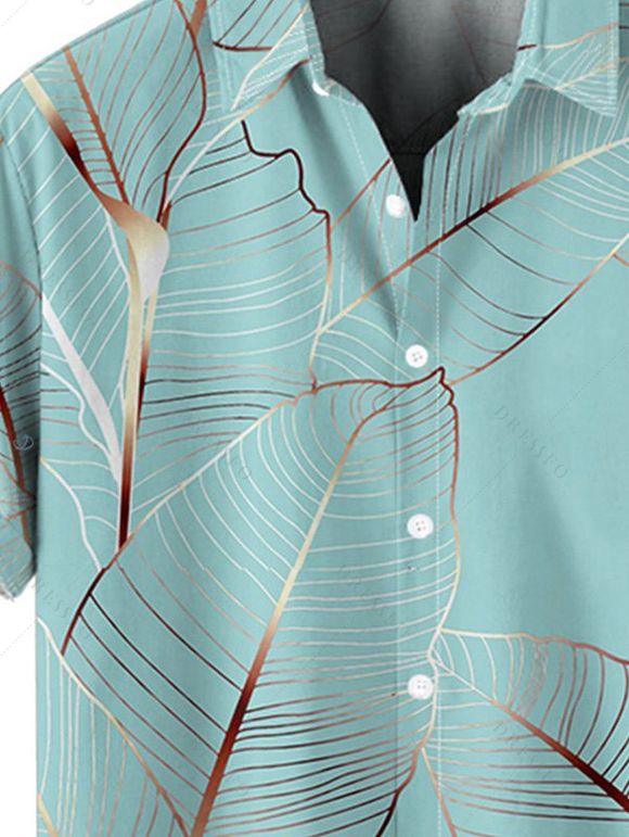 Chemise de Vacances Décontractée Motif de Feuille Tropicale Boutonnée à Manches Roulées pour Homme - Vert clair 3XL