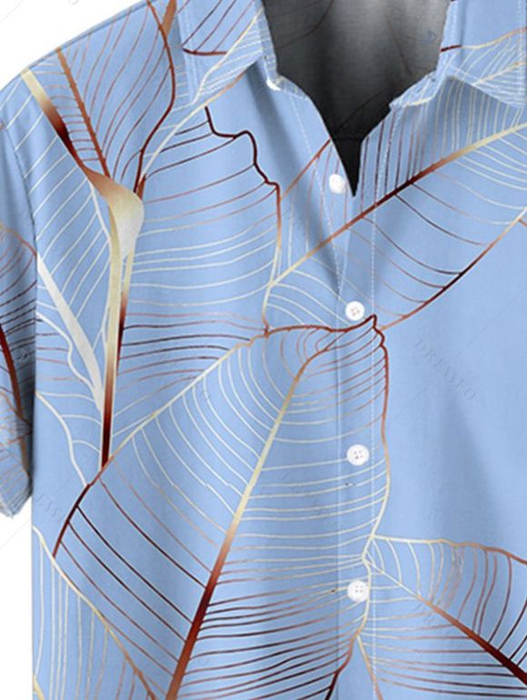 Chemise de Vacances Décontractée Motif de Feuille Tropicale Boutonnée à Manches Roulées pour Homme - Bleu clair XL