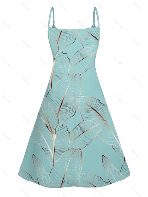 Mini Robe Ligne A Motif de Feuille Tropicale à Bretelle Fine - Vert clair S | US 4