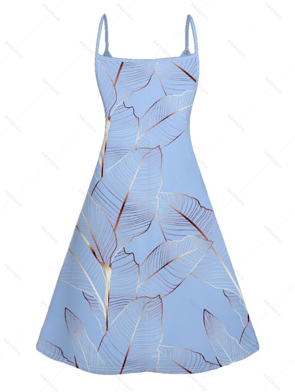 Mini Robe Ligne A Motif de Feuille Tropicale à Bretelle Fine - Bleu clair L | US 8-10