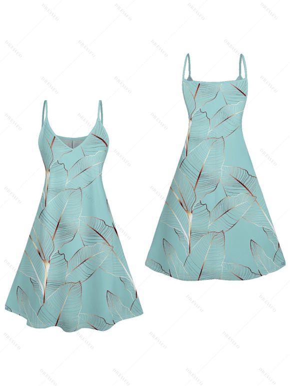 Mini Robe Ligne A Motif de Feuille Tropicale à Bretelle Fine - Vert clair S | US 4