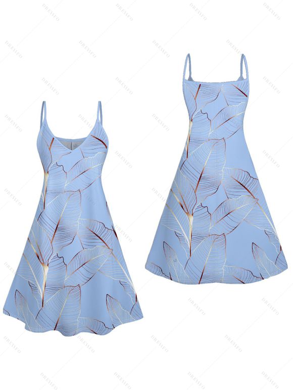 Mini Robe Ligne A Motif de Feuille Tropicale à Bretelle Fine - Bleu clair L | US 8-10
