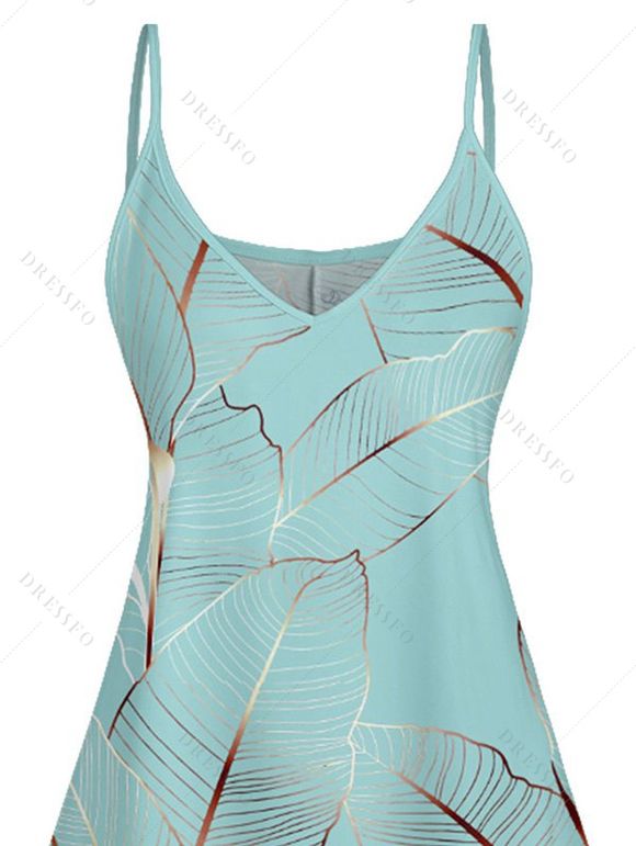 Mini Robe Ligne A Motif de Feuille Tropicale à Bretelle Fine - Vert clair S | US 4