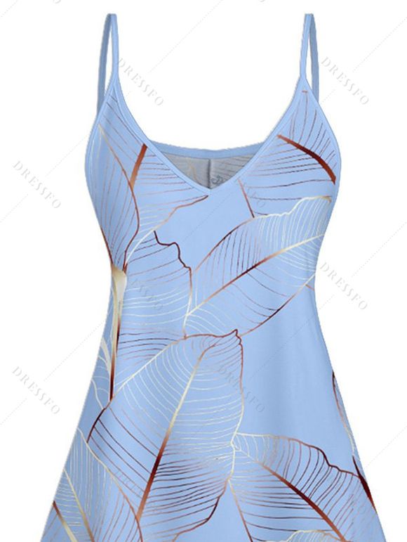 Mini Robe Ligne A Motif de Feuille Tropicale à Bretelle Fine - Bleu clair L | US 8-10