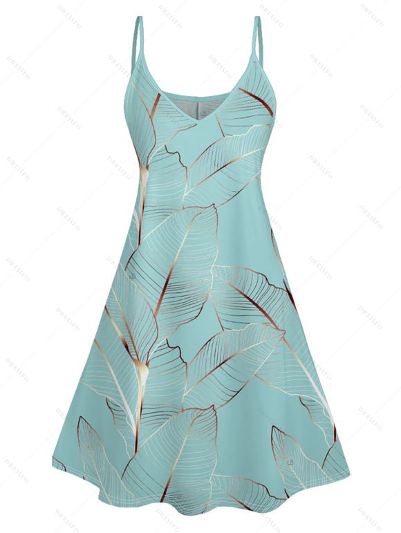 Vacation Couple Outfit Tropical Leaf Pattern Spaghetti Strap A Line Mini Tank Dress and Roll Up Sleeve Shirt Matching Outfit - Vert clair S | US 4