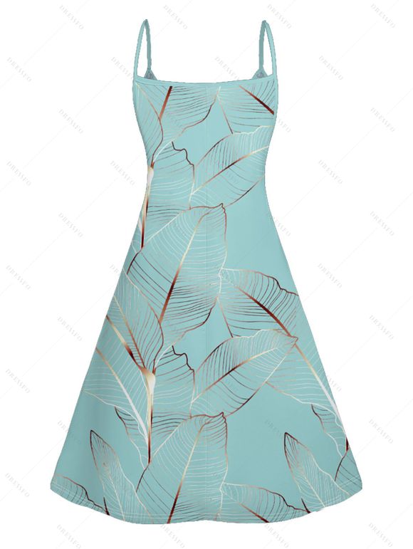 Vacation Couple Outfit Tropical Leaf Pattern Spaghetti Strap A Line Mini Tank Dress and Roll Up Sleeve Shirt Matching Outfit - Vert clair S | US 4