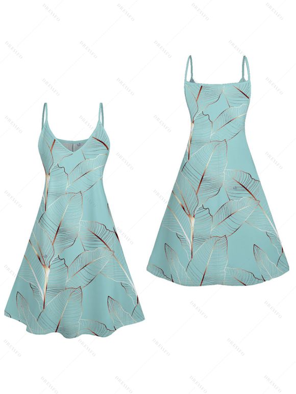 Vacation Couple Outfit Tropical Leaf Pattern Spaghetti Strap A Line Mini Tank Dress and Roll Up Sleeve Shirt Matching Outfit - Vert clair S | US 4