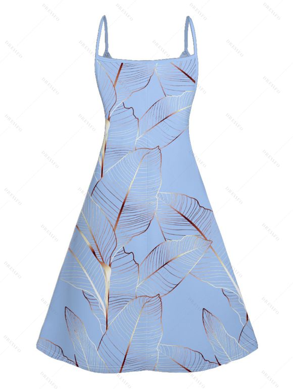 Vacation Couple Outfit Tropical Leaf Pattern Spaghetti Strap A Line Mini Tank Dress and Roll Up Sleeve Shirt Matching Outfit - Bleu clair S | US 4