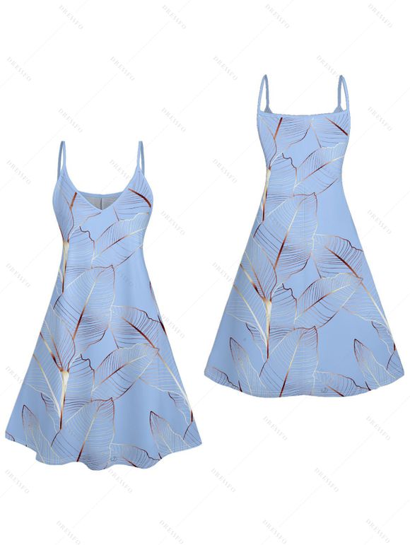 Vacation Couple Outfit Tropical Leaf Pattern Spaghetti Strap A Line Mini Tank Dress and Roll Up Sleeve Shirt Matching Outfit - Bleu clair S | US 4