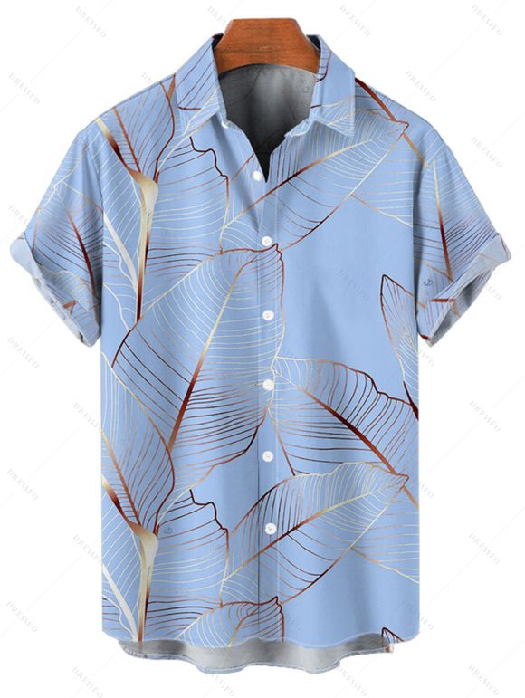 Vacation Couple Outfit Tropical Leaf Pattern Spaghetti Strap A Line Mini Tank Dress and Roll Up Sleeve Shirt Matching Outfit - Bleu clair S | US 4