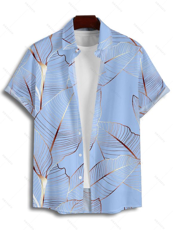 Vacation Couple Outfit Tropical Leaf Pattern Spaghetti Strap A Line Mini Tank Dress and Roll Up Sleeve Shirt Matching Outfit - Bleu clair S | US 4