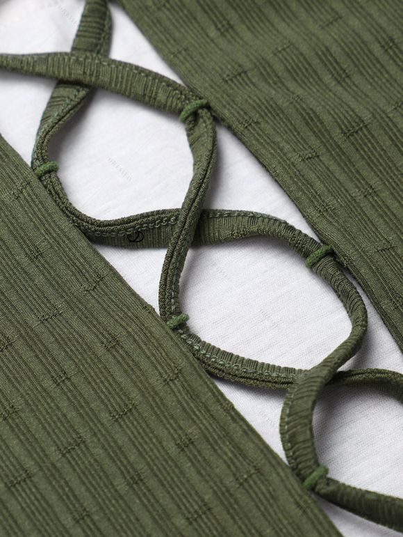 Vacation Outfit Colorblock Textured Floral Pattern Lace Up Faux Twinset Dress and Flower Rhinestone Earrings Butterfly Faux Pearl Square Slip On Sandals Outfit - Vert S | US 4