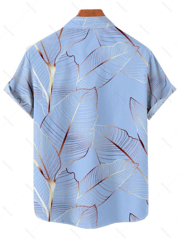 Vacation Couple Outfit Tropical Leaf Pattern Spaghetti Strap A Line Mini Tank Dress and Roll Up Sleeve Shirt Matching Outfit - Bleu clair S | US 4