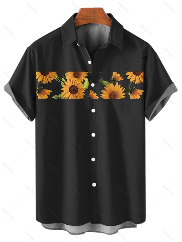 Chemise Décontractée Motif de Tournesol à Manches Roulées pour Homme - Noir S