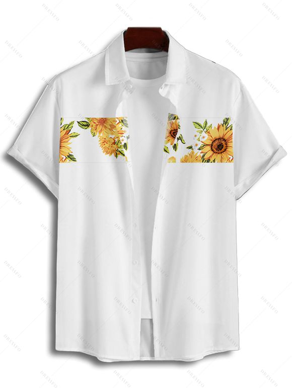 Chemise Décontractée Motif de Tournesol à Manches Roulées pour Homme - Blanc S