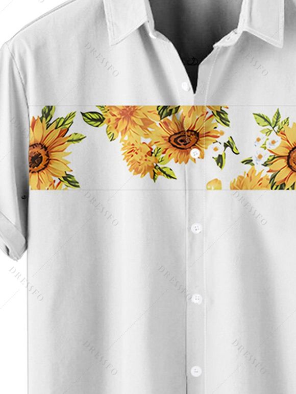 Chemise Décontractée Motif de Tournesol à Manches Roulées pour Homme - Blanc S
