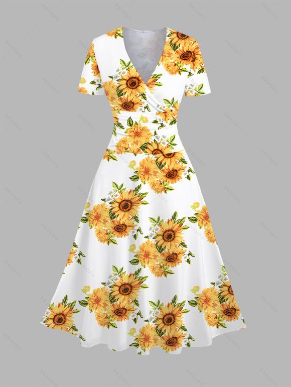 Vacation Couple Outfit Allover Sunflower Pattern Surplice Short Sleeve V Neck A Line Dress and Roll Up Sleeve Shirt Matching Outfit - Blanc S | US 4