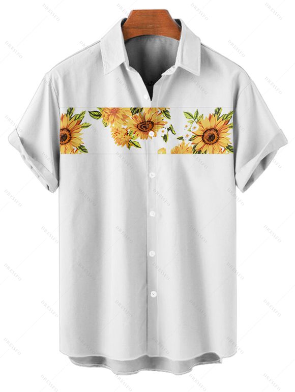 Vacation Couple Outfit Allover Sunflower Pattern Surplice Short Sleeve V Neck A Line Dress and Roll Up Sleeve Shirt Matching Outfit - Blanc S | US 4