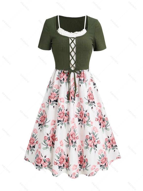 Robe de Vacances Courte en Dentelle Insérée Motif Fleuri à Taille Haute en Blocs de Couleurs à Lacets 2 Pièces - Vert profond XXL | US 14