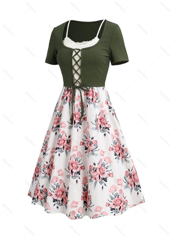 Robe de Vacances Courte en Dentelle Insérée Motif Fleuri à Taille Haute en Blocs de Couleurs à Lacets 2 Pièces - Vert profond XXL | US 14