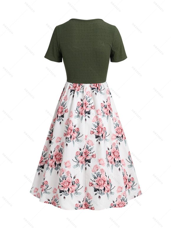 Robe de Vacances Courte en Dentelle Insérée Motif Fleuri à Taille Haute en Blocs de Couleurs à Lacets 2 Pièces - Vert profond XXL | US 14