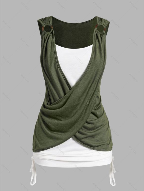 Crossover Colorblock O Ring Cinched Vacation Faux Twinset Tank Top Ruched Casual 2 in 1 Top - DEEP GREEN XXL | US 14