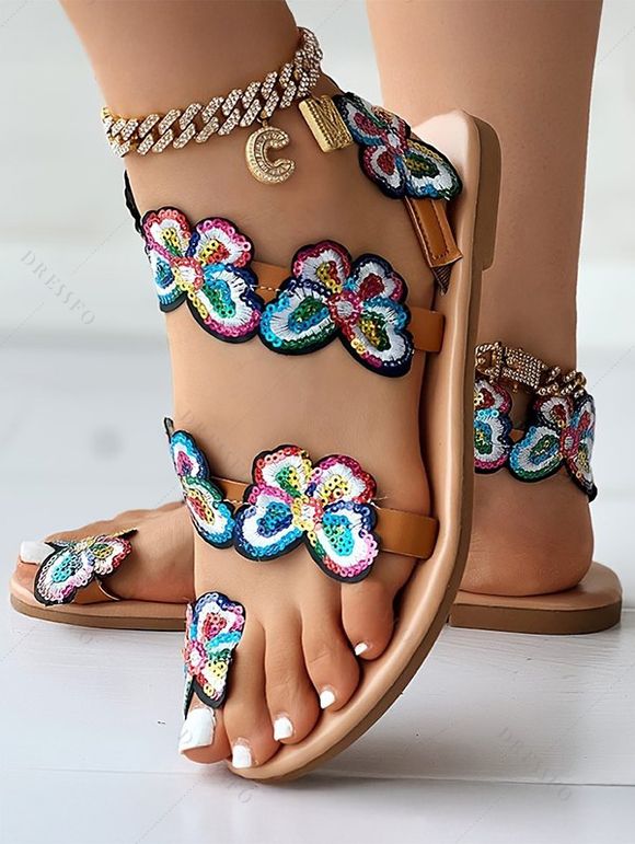 Colored Butterfly Decor Flip Flops One Toe Slip On Trendy Sandals - multicolor A EU 41