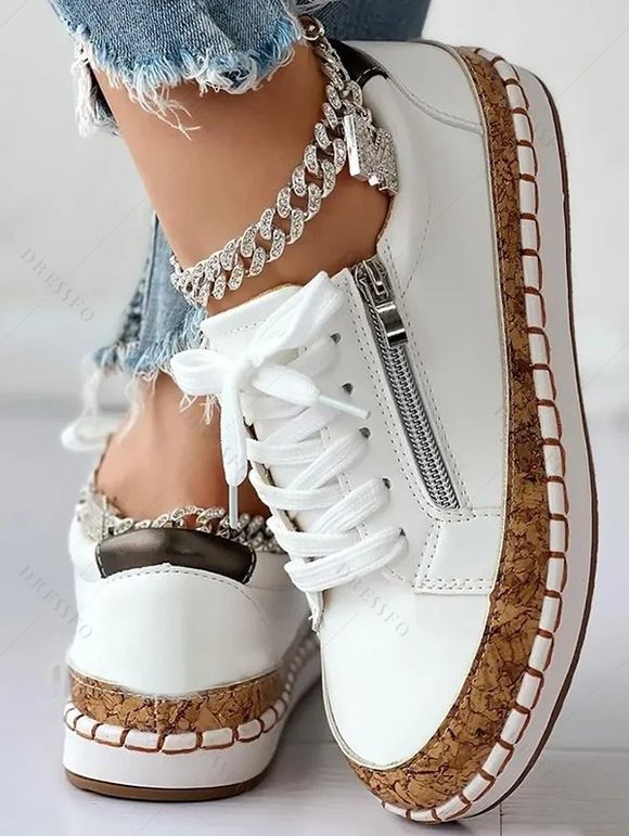 Solid Color Textured Beaded Side Zipper Lace Up Flat Outdoor Shoes - Blanc EU 37