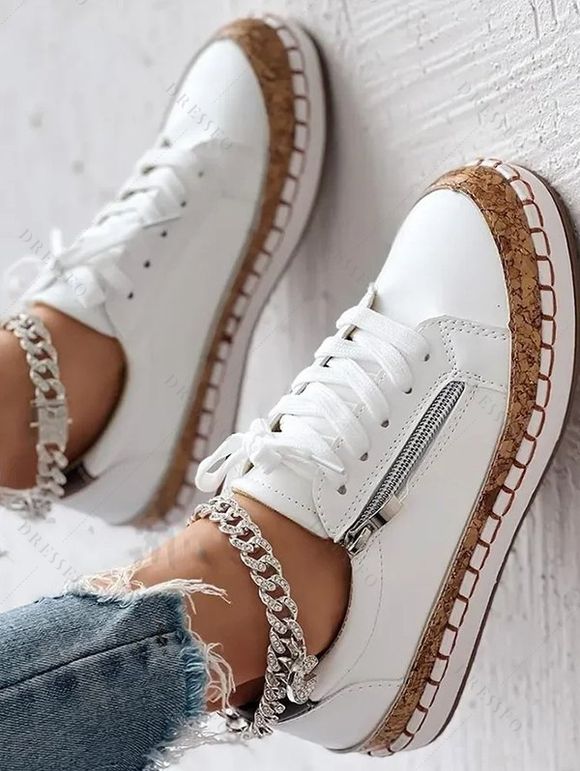 Solid Color Textured Beaded Side Zipper Lace Up Flat Outdoor Shoes - Blanc EU 37