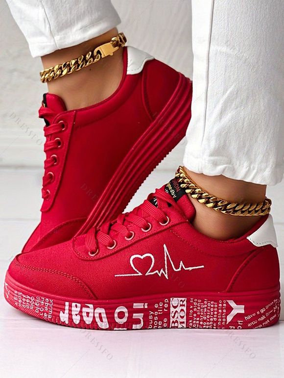 Heart Signal Letter Pattern Lace Up Flat Running Outdoor Shoes - Rouge EU 37