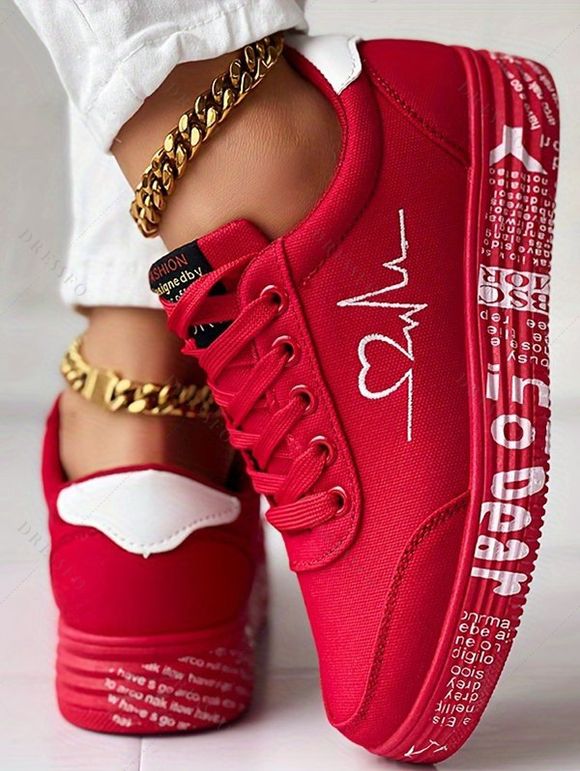 Heart Signal Letter Pattern Lace Up Flat Running Outdoor Shoes - Rouge EU 37