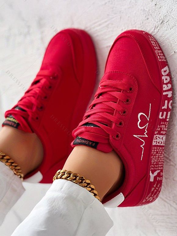 Heart Signal Letter Pattern Lace Up Flat Running Outdoor Shoes - Rouge EU 37