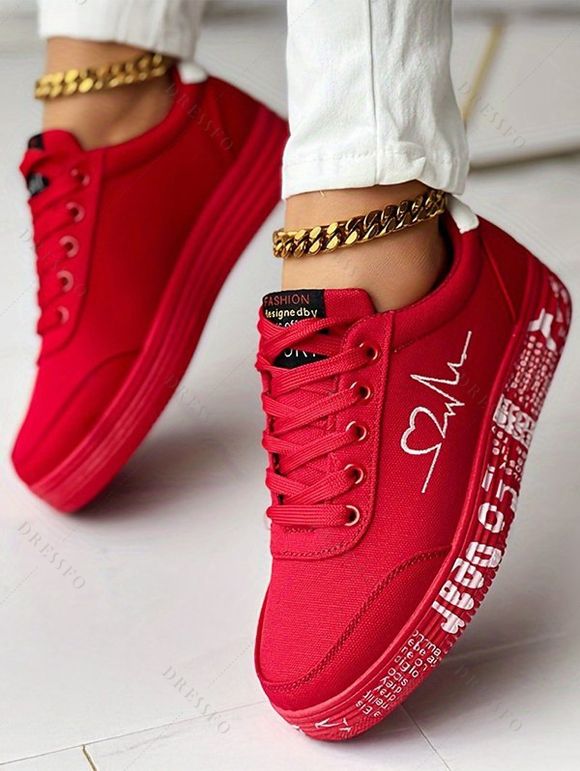 Heart Signal Letter Pattern Lace Up Flat Running Outdoor Shoes - Rouge EU 37