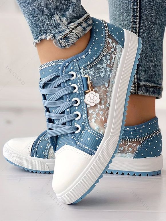 See Thru Flower Lace Up Flower Pendant Flat Shoes - Bleu clair EU 38