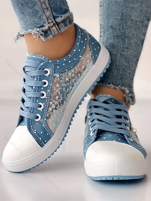 See Thru Flower Lace Up Flower Pendant Flat Shoes - Bleu clair EU 38