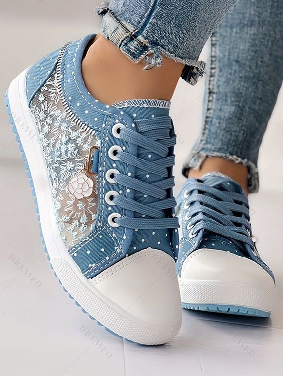 See Thru Flower Lace Up Flower Pendant Flat Shoes - Bleu clair EU 38