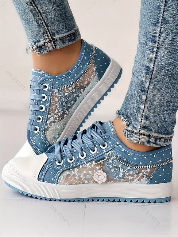 See Thru Flower Lace Up Flower Pendant Flat Shoes - Bleu clair EU 38