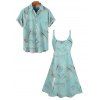 Vacation Couple Outfit Tropical Leaf Pattern Spaghetti Strap A Line Mini Tank Dress and Roll Up Sleeve Shirt Matching Outfit - Vert clair S | US 4