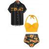 Beach Couple Outfit Tummy Control Sunflower Print Ruched Halter Underwire Swimwear and Roll Up Sleeve Shirt Matching Outfit - Jaune S | US 4