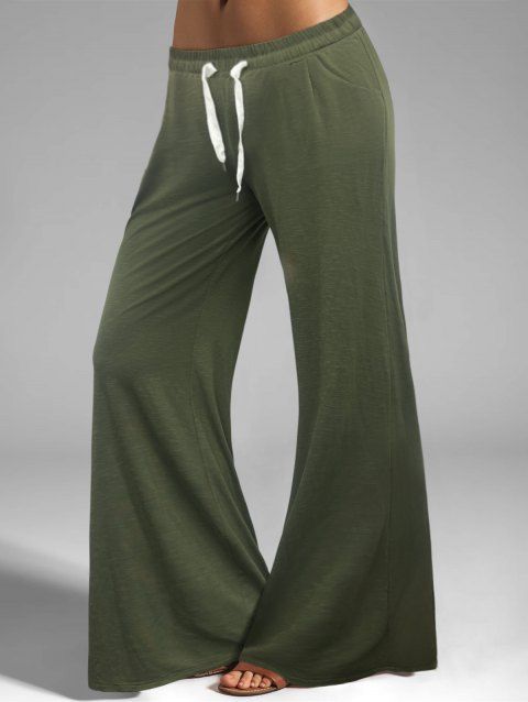 Pantalon Simple Décontracté Jambe Large en Couleur Unie à Taille Haute